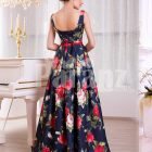 Women’s floor length super stylish blue satin gown with rosette print all over back side view