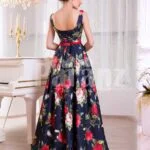 Women’s floor length super stylish blue satin gown with rosette print all over back side view