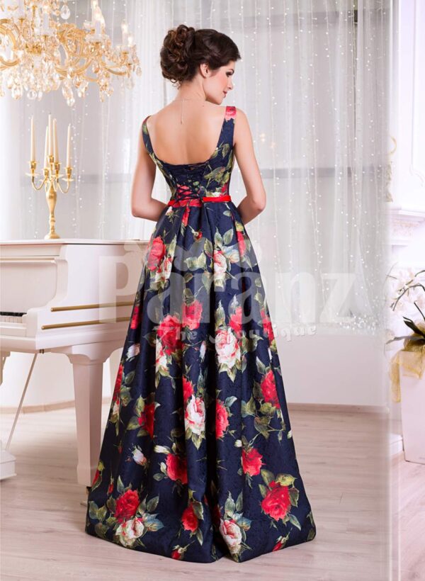 Women’s floor length super stylish blue satin gown with rosette print all over back side view