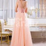 Women’s floor length tulle skirt evening gown with appliquéd bodice in peach hue back side view