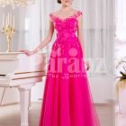 Women’s fuchsia elegant evening gown with long tulle skirt and lace appliquéd bodice