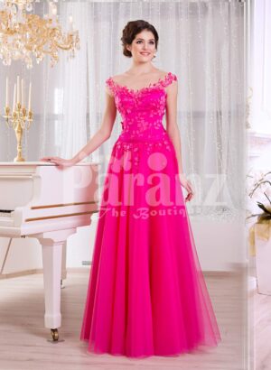 Women’s fuchsia elegant evening gown with long tulle skirt and lace appliquéd bodice