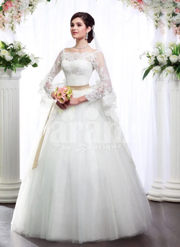 Women’s full lacy sleeve floor length wedding tulle skirt gown with royal bodice