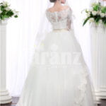 Women’s full lacy sleeve floor length wedding tulle skirt gown with royal bodice BACK SIDE VIEW