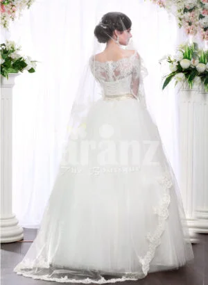 Women’s full lacy sleeve floor length wedding tulle skirt gown with royal bodice BACK SIDE VIEW