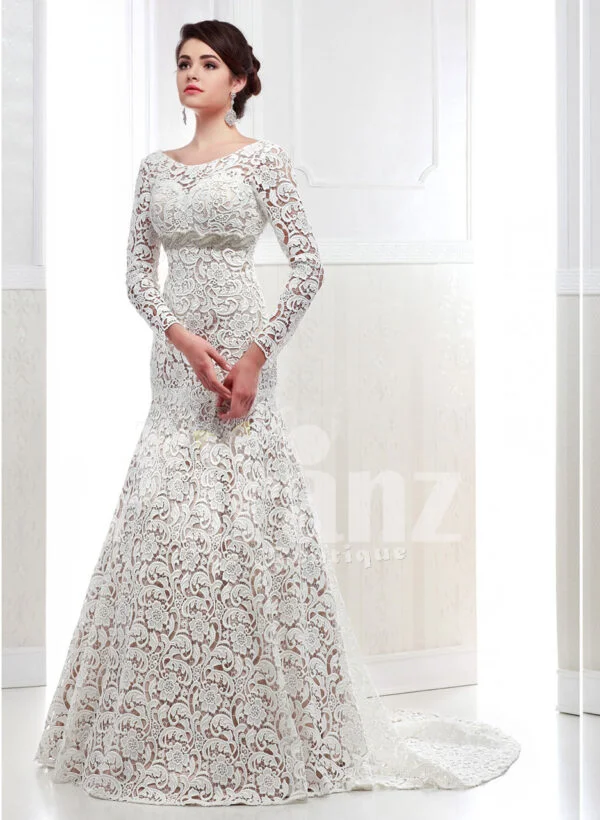 Women’s full lacy sleeve mermaid style long trail satin-lace wedding gown