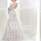 Women’s full lacy sleeve mermaid style long trail satin-lace wedding gown back side view