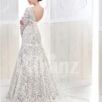 Women’s full lacy sleeve mermaid style long trail satin-lace wedding gown back side view