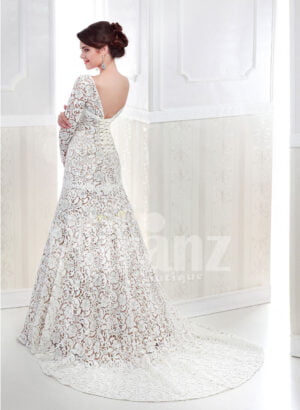 Women’s full lacy sleeve mermaid style long trail satin-lace wedding gown back side view