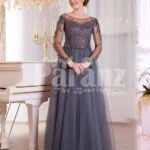 Women’s full sheer sleeve evening party gown with flared and long tulle skirt in grey