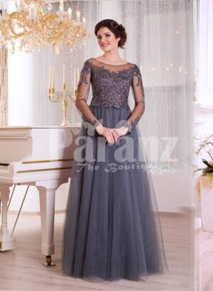 Women’s full sheer sleeve evening party gown with flared and long tulle skirt in grey