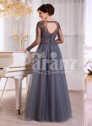 Women’s full sheer sleeve evening party gown with flared and long tulle skirt in grey back side view