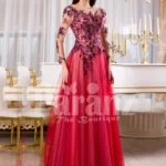 Women’s full sheer sleeve flared tulle skirt evening gown with floral appliquéd bodice