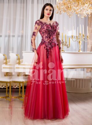 Women’s full sheer sleeve flared tulle skirt evening gown with floral appliquéd bodice
