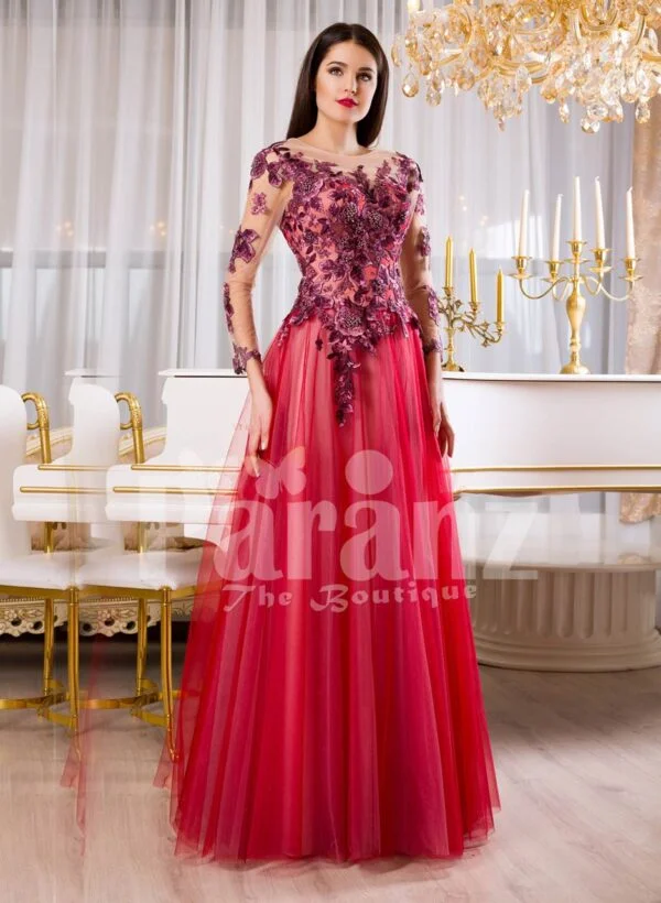 Women’s full sheer sleeve flared tulle skirt evening gown with floral appliquéd bodice