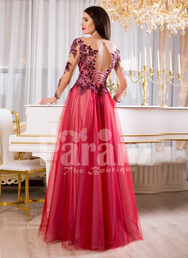 Women’s full sheer sleeve flared tulle skirt evening gown with floral appliquéd bodice back site view