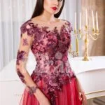 Women’s full sheer sleeve flared tulle skirt evening gown with floral appliquéd bodice close view