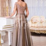 Women’s full sheer sleeve floor length tulle skirt elegant evening gown back side view