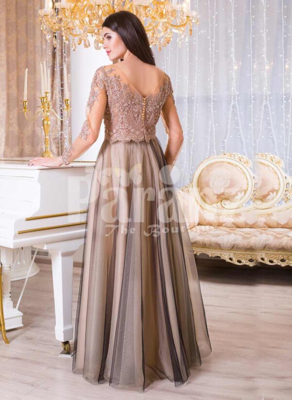Women’s full sheer sleeve floor length tulle skirt elegant evening gown back side view