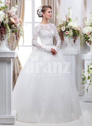 Women’s full sleeve beautiful lacy bodice flared tulle skirt wedding gown in white