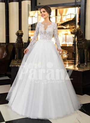 Women’s full sleeve glam lacy bodice and tulle skirt floor length wedding gown