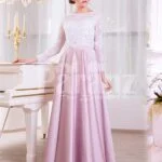 Women’s full sleeve lace appliquéd bodice evening gown with sleek satin long skirt