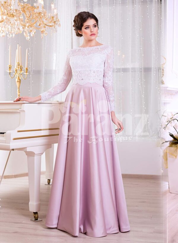 Women’s full sleeve lace appliquéd bodice evening gown with sleek satin long skirt