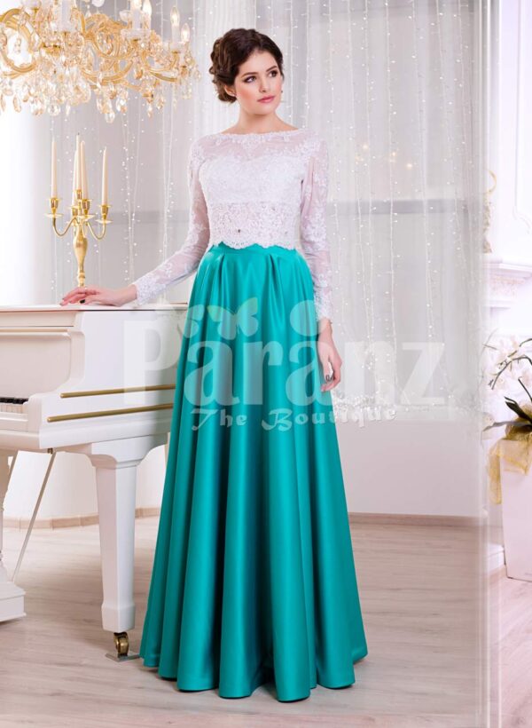 Women’s full sleeve royal white bodice evening gown with metallic mint satin skirt