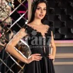 Women’s glam black rich satin evening party gown with side slit skirt and lacy bodice