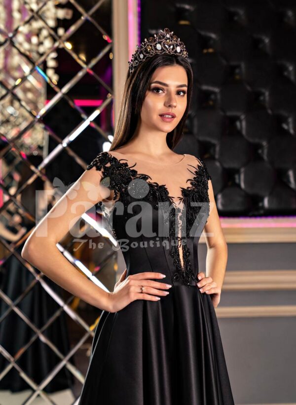 Women’s glam black rich satin evening party gown with side slit skirt and lacy bodice