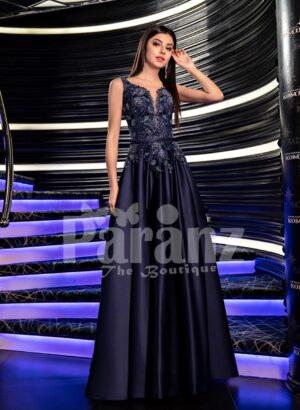 Women’s glam metal navy evening gown with flared satin skirt and royal appliquéd bodice