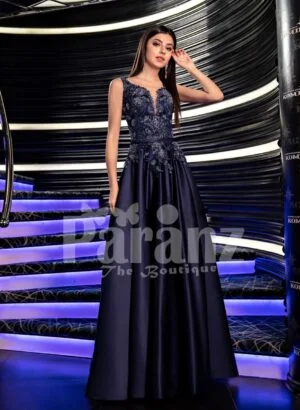 Women’s glam metal navy evening gown with flared satin skirt and royal appliquéd bodice