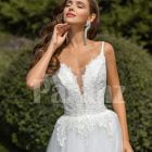 Women’s glam white sleeveless wedding tulle gown with royal bodice close view