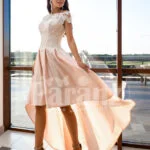 Women’s high-low rich satin wedding dress with stunning appliquéd bodice