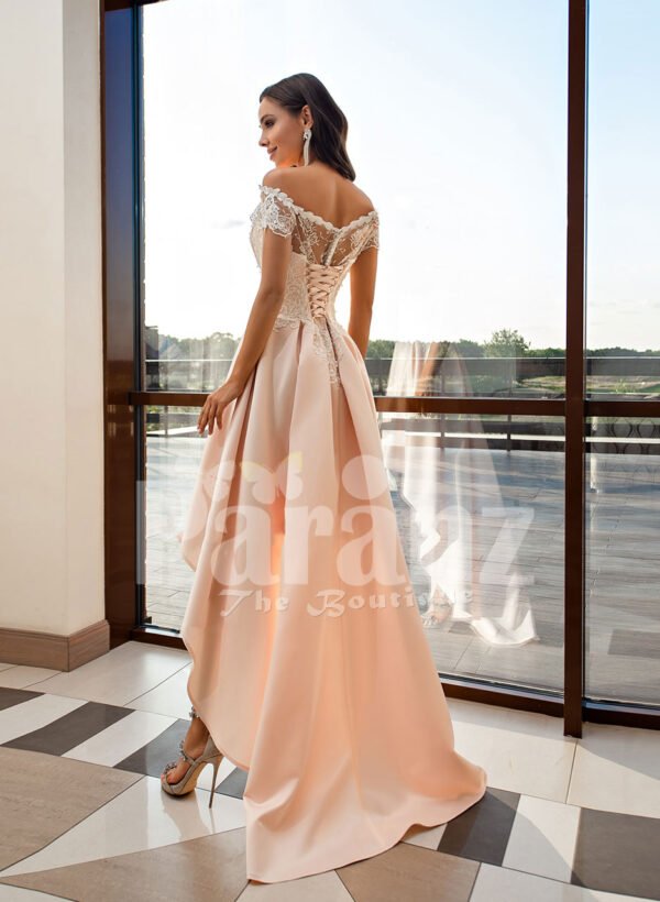 Women’s high-low rich satin wedding dress with stunning appliquéd bodice back side view