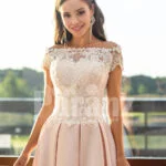 Women’s high-low rich satin wedding dress with stunning appliquéd bodice close view