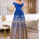 Women’s high volume satin evening gown with tulle skirt underneath and off-shoulder bodice back side view