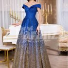 Women’s high volume satin evening gown with tulle skirt underneath & off-shoulder bodice