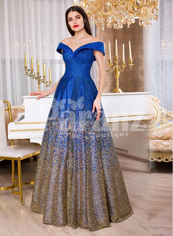 Women’s high volume satin evening gown with tulle skirt underneath & off-shoulder bodice