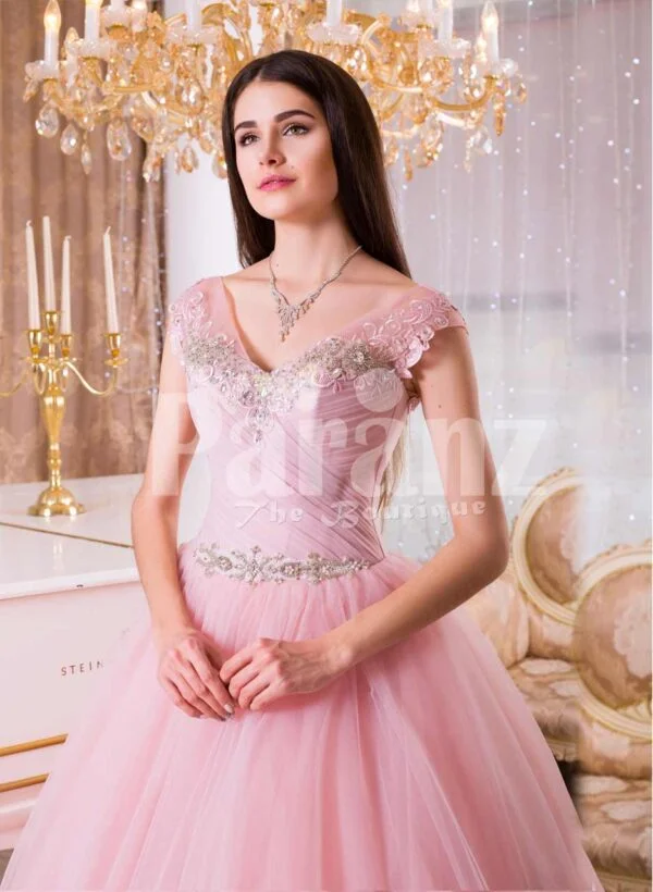 Women’s high volume tulle skirt evening gown with lacy pink bodice