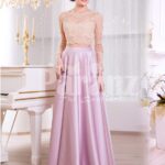 Women’s lacy beige bodice evening gown with long metal mauve skirt