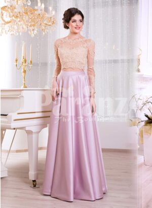 Women’s lacy beige bodice evening gown with long metal mauve skirt