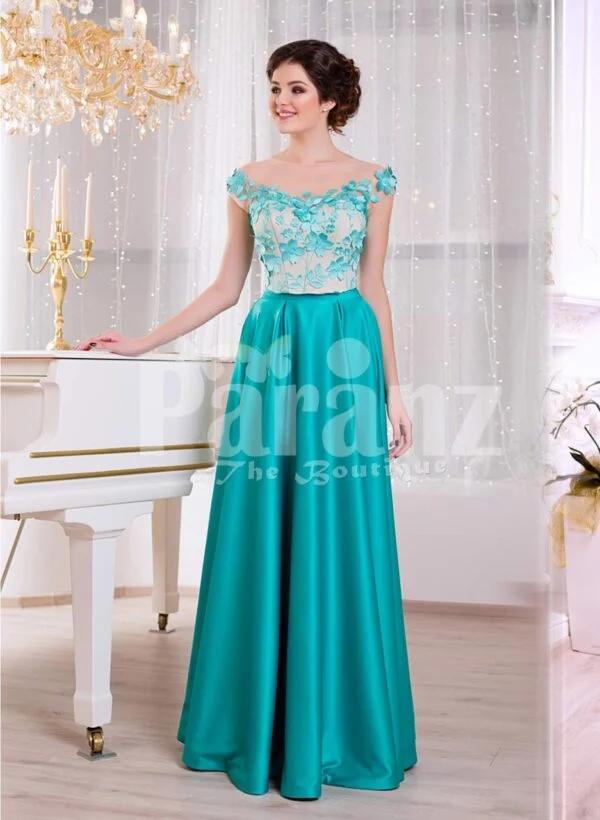 Women’s metal mint long satin evening gown with floral appliquéd white bodice