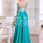 Women’s metal mint long satin evening gown with floral appliquéd white bodice back side view