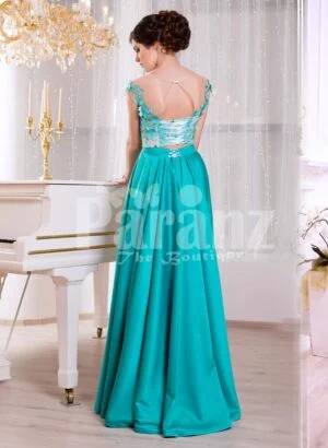 Women’s metal mint long satin evening gown with floral appliquéd white bodice back side view