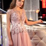 Women’s metal pink side slit evening gown with floral rhinestone appliquéd royal bodice