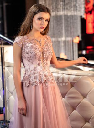 Women’s metal pink side slit evening gown with floral rhinestone appliquéd royal bodice