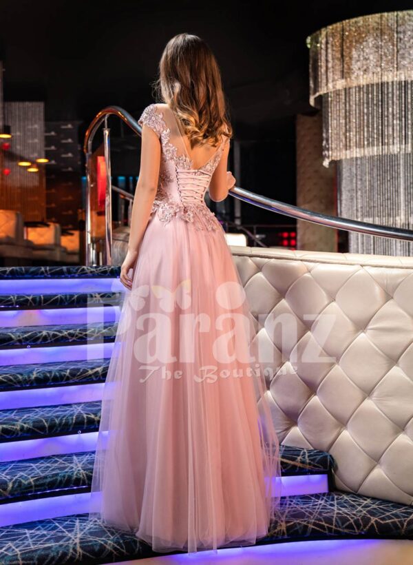 Women’s metal pink side slit evening gown with floral rhinestone appliquéd royal bodice back side view