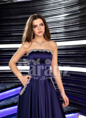 Women’s navy floor length rich satin evening gown with stylish off-shoulder bodice