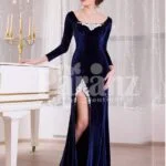 Women’s navy velvet floor length evening gown with elegant white lace works